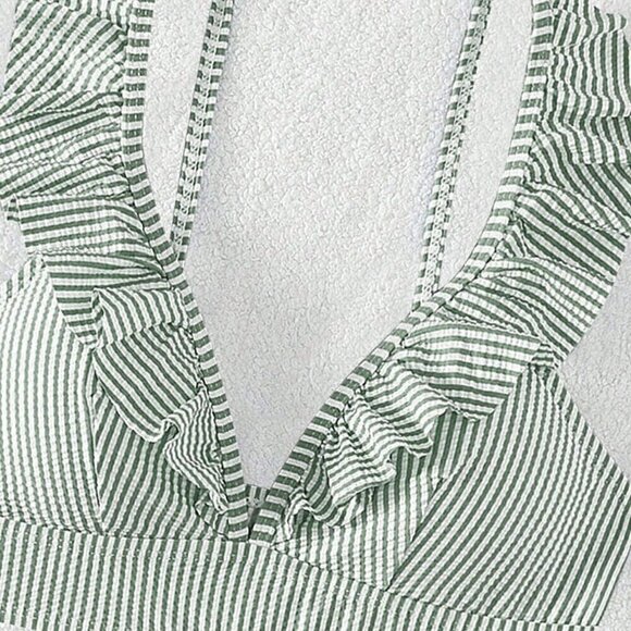 Women's Swim Summer Beach Striped Ruffle Trim Bikini Swimsuit Green - Picture 4 of 6